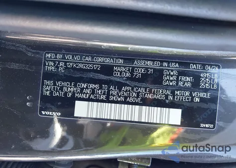 2024 Volvo S60 B5 Core Dark Theme z USA, uszkodzony, nr VIN 7JRL12FK2RG325172